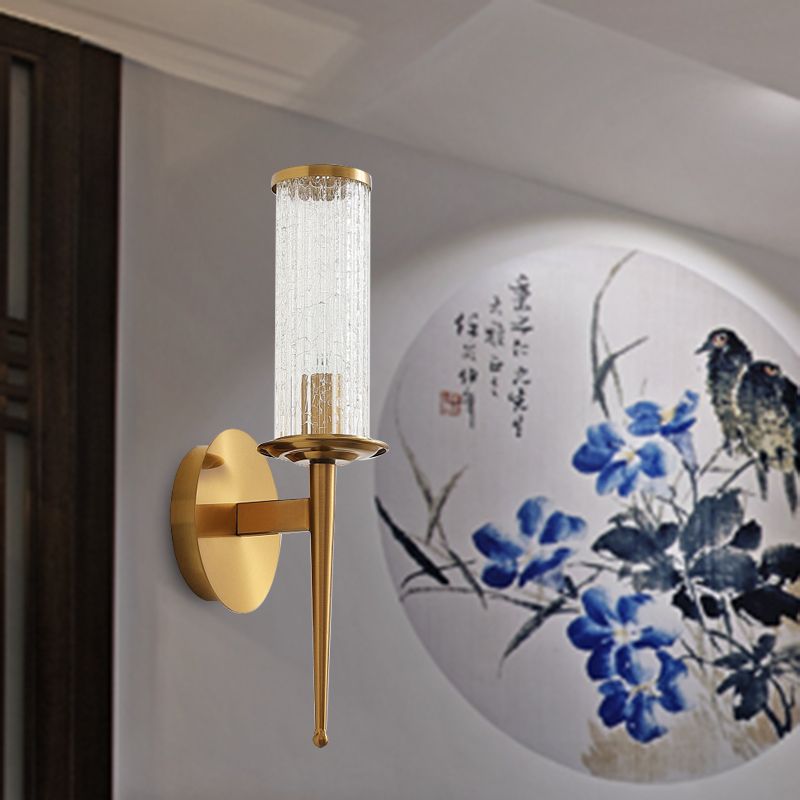 Crackle Glass Gold Wall Lighting Cylinder 1/2 Heads Vintage Wall Light Fixture with Metal Straight Arm