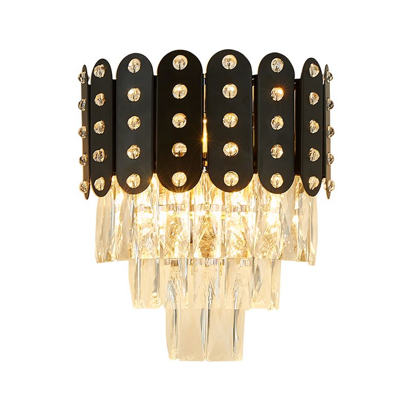 3 Lights 3 Tiers Wall Mounted Light Clear Faceted Crystal Contemporary Wall Lighting in Black