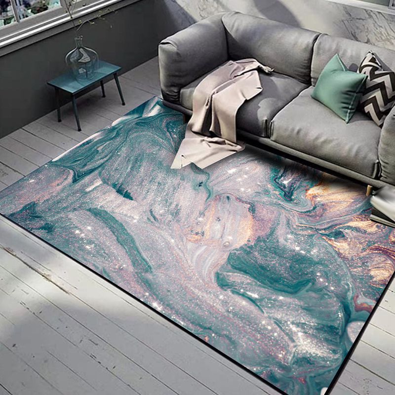 Green and Blue Bedroom Rug Modern Abstract Seawater Pattern Area Rug Polyester Pet Friendly Washable Carpet