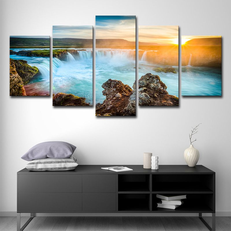 Amazing Iceland Cascades Canvas Art House Interior Sunset Landscape Wall Decor in Blue