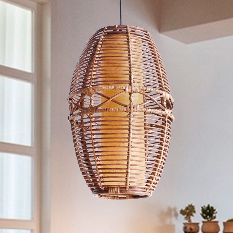 Brown Lantern Pendant Lamp Asia 1 Bulb Bamboo Hanging Light Fixture with Inner Tube Parchment shade