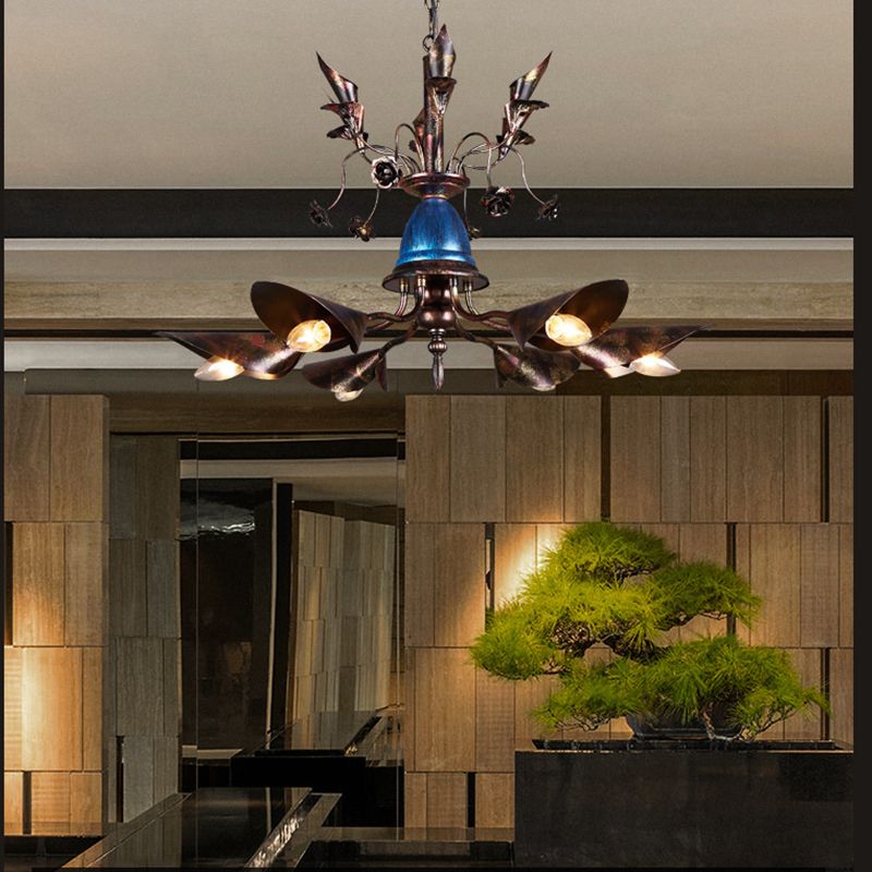 Villa Horn Shade Chandelier Metallic 6 Bulbs Classic Style Pendant Light in Rust