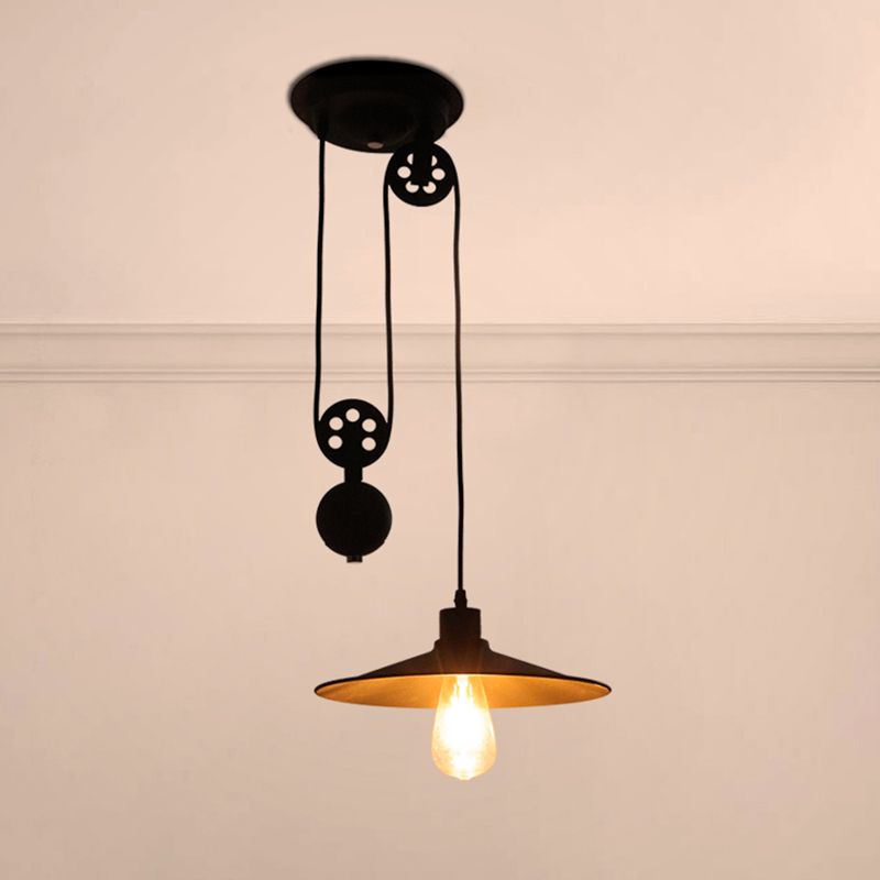 1 luz colgante de polea ligera con lámpara de colgante de black metal de granja de sombra acampanada para interiores