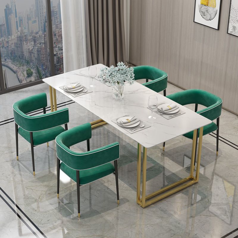Glam Style Rectangle Stone Table for Restaurant Gold Sled Base Table