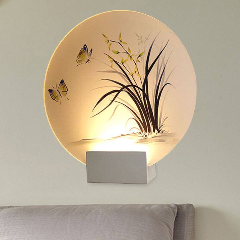 Moon Shaped Acrylic Wall Mount Lighting Asian White LED Mural Lamp with Butterfly and Orchid Pattern