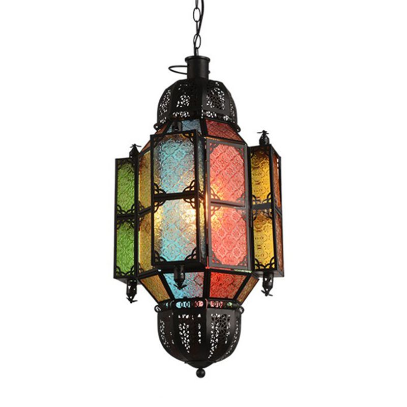 1 hoofd hangende verouderde balk hanglamp met lantaarn getextureerde glazen schaduw in zwart