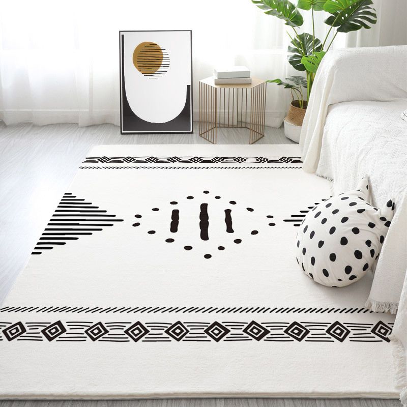 White Modern Rug Polyester Line Area Rug Non-Slip Backing Rug for Drawing Room