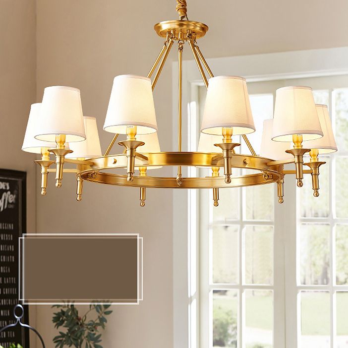 Post-Modern Wagon Wheel Hanging Chandelier Light White Linen Shade Ceiling Chandelier in Gold for Dining Table