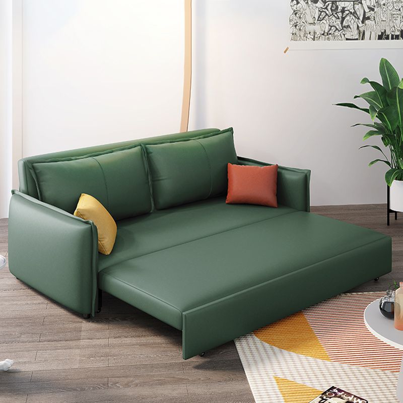 Scandinavian Faux Leather Sleeper Sofa Green Square Arm Sofa Bed