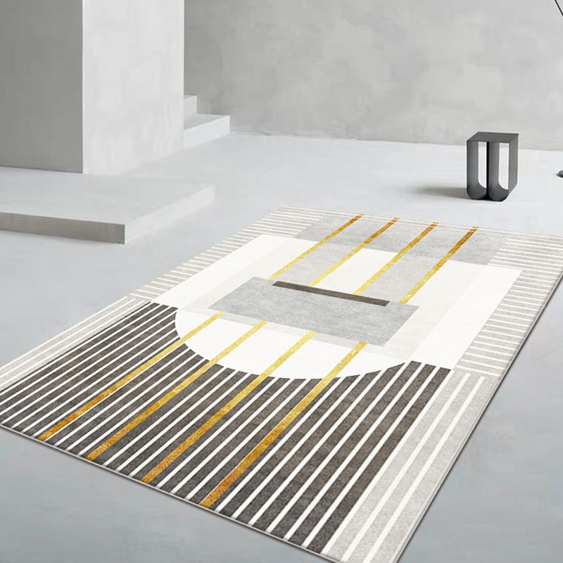Novelty Geometric Pattern Rug with Stripe Grey and Green Polyester Rug Non-Slip Backing Washable Pet Friendly Carpet for Home
