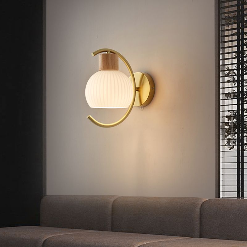 Wood Modern Wall Sconce Geometric Shape Wall Light with Glass Shade for Bedroom