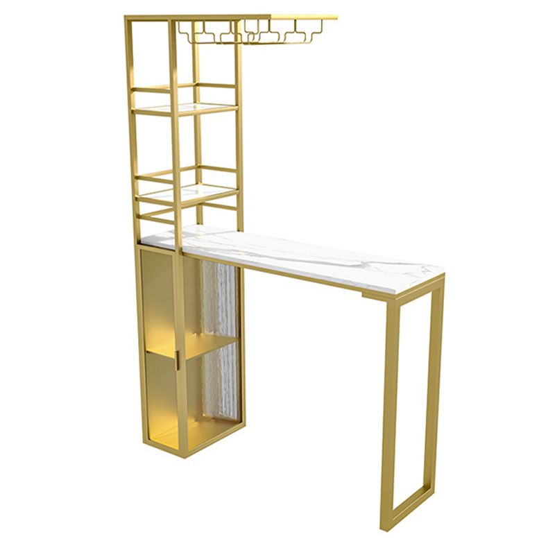 Double Pedestal Pub Table Rectangle Glam Bar Table with Wine Rack