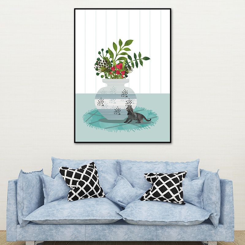 Impression d'art chat et plante en Pot, toile de couleur douce, décoration murale pour salon, Surface texturée