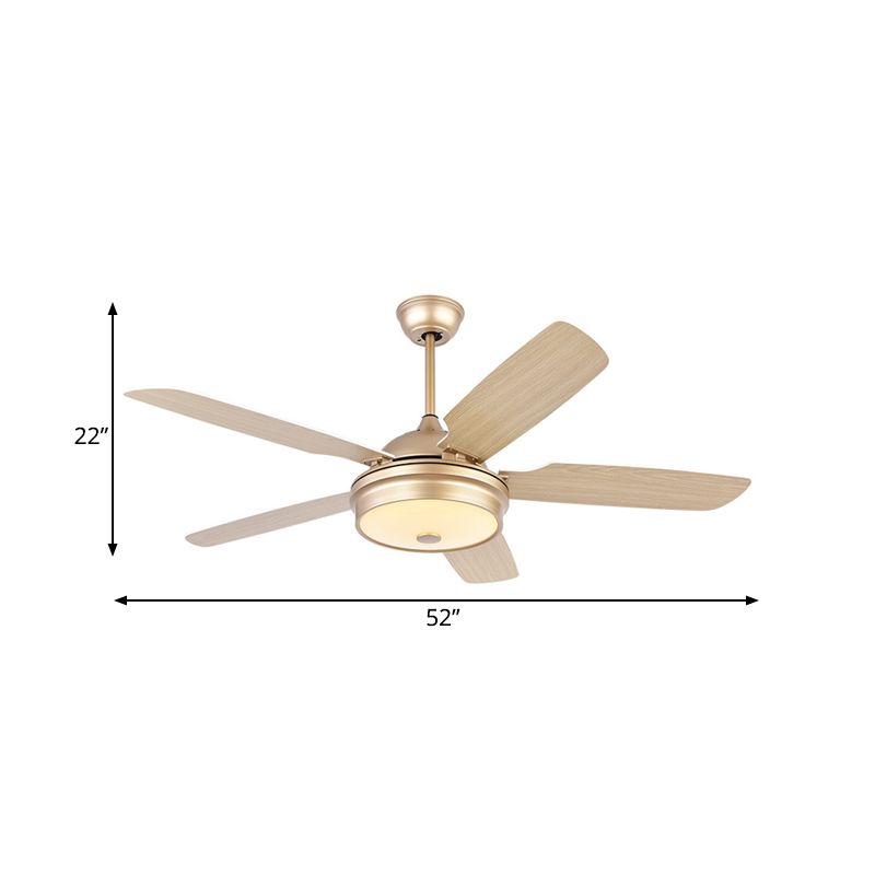 52" Wide LED Metal Hanging Fan Light Modernist Gold Drum Living Room 5 Blades Semi Flushmount with Acrylic Shade