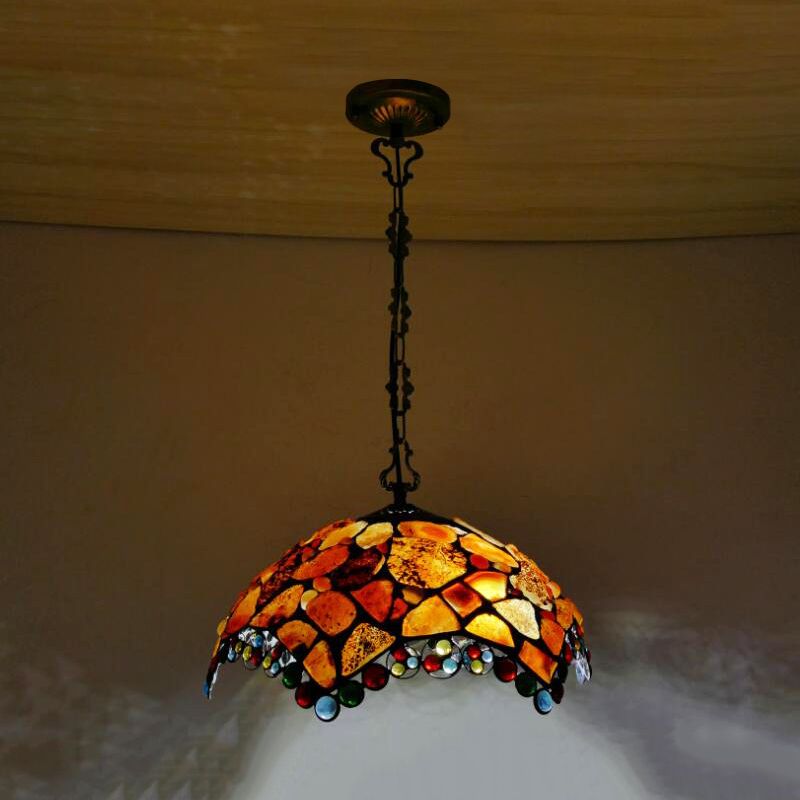 Scalloped Pendant Light 2 Lights Stone Mediterranean Hanging Lamp Kit in Red/Beige for Bedroom