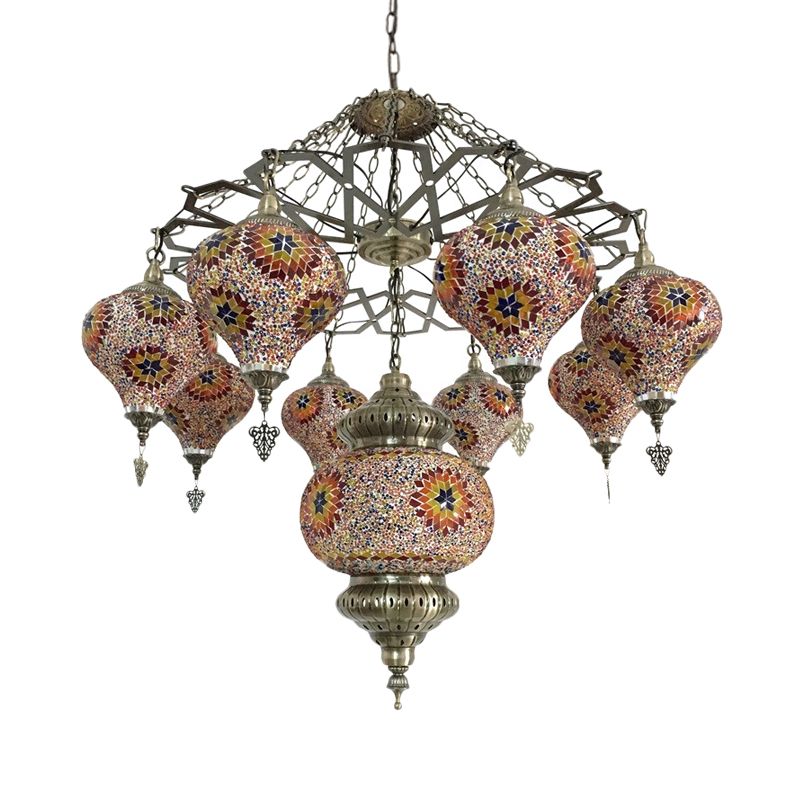 Vintage Oval Chandelier Light Fixture 9 Heads Stained Art Glass Hanging Ceiling Light in Red/Blue