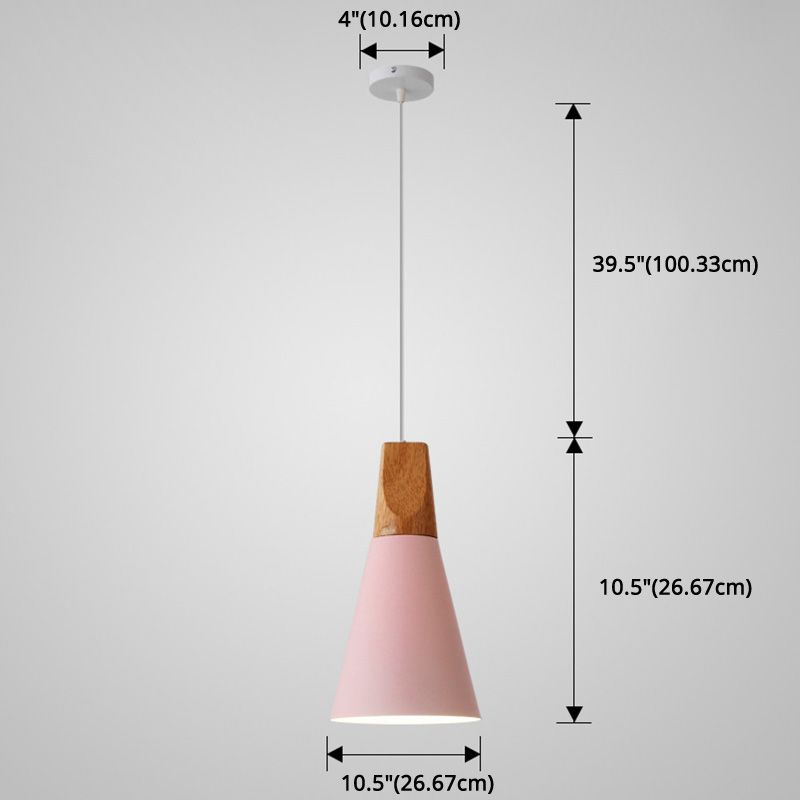 Metal Tapered Hanging Light Nordic Style 1 Light  Restaurant Ceiling Pendant Lamp  with Wooden Top