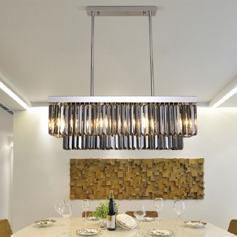 Rectangle Hanging Light Modern Smoke Gray Crystal Block 6/8/10 Heads Dining Room Chandelier Lamp