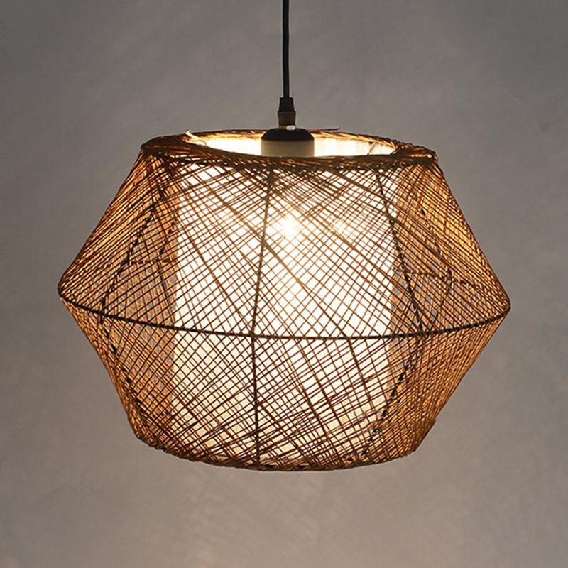 Handmade Ceiling Pendant Light with Geometric Shade Asian Style Rattan Fiber 1 Light Beige Suspended Lamp