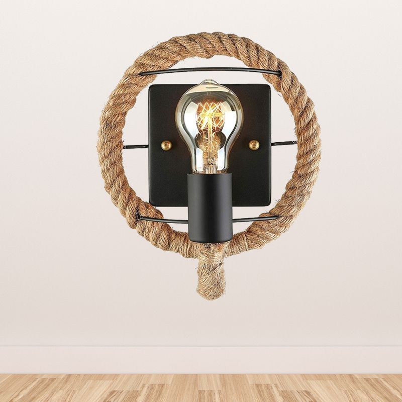 Beige One Light Sconce Light Industrial Rope Round/Oval Shade Wall Lighting Fixture for Dining Room