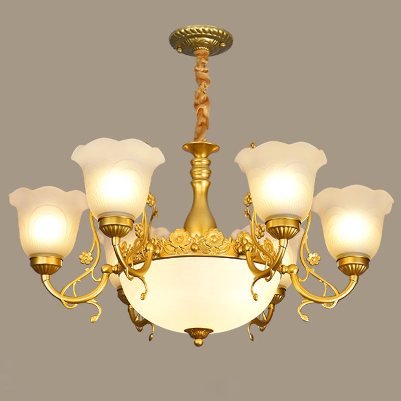 Flower Chandelier Lighting Fixtures Traditional Multi-Head Suspension Light with White Glass Shade