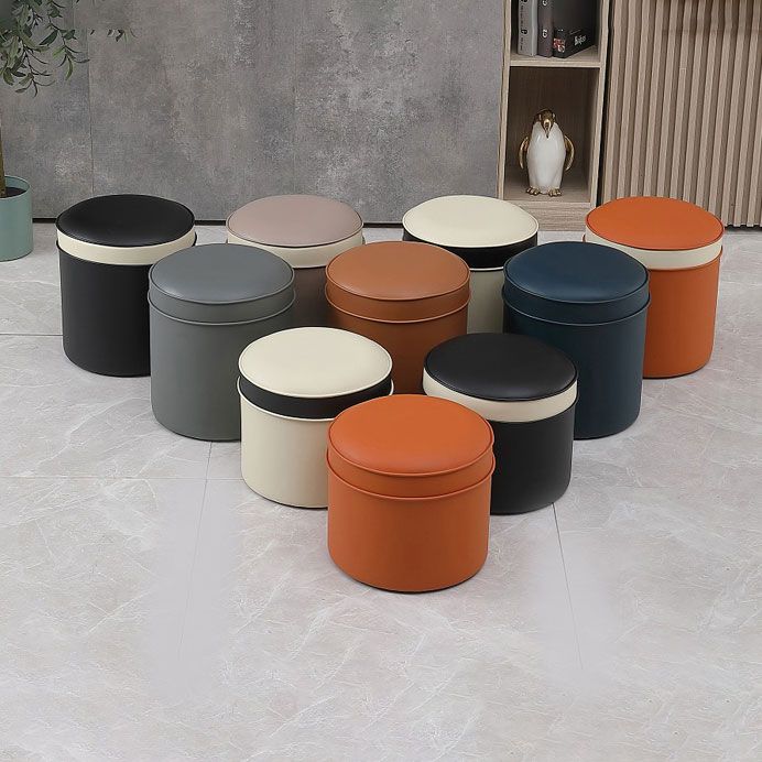 Orange Faux Leather Pouf Modern Pure Color Round Indoor Pouf