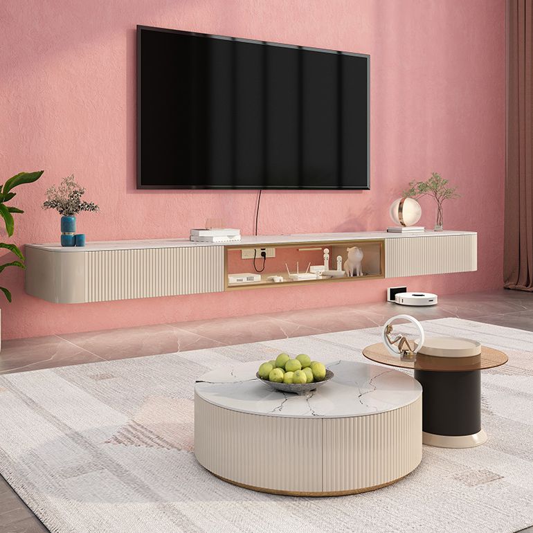Contemporary TV Console with Drawers Stone and Wood TV Stand