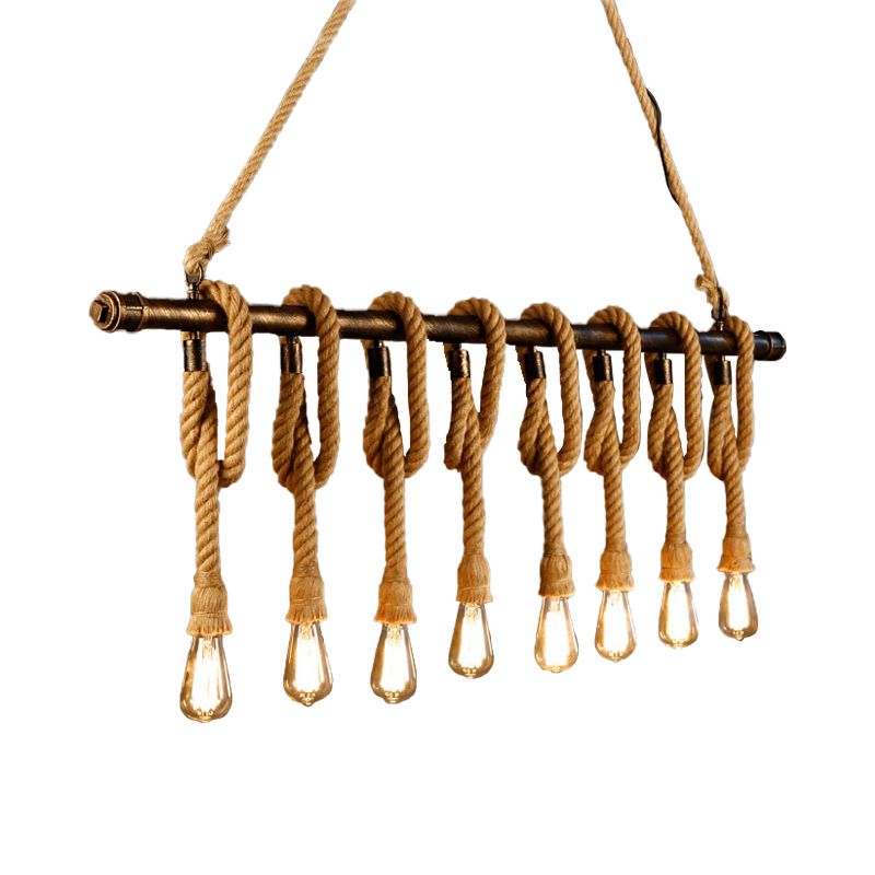 Adjustable Rope Exposed Island Light Retro Industrial 5/6-Light Restaurant Island Ceiling Light in Beige/Light Yellow