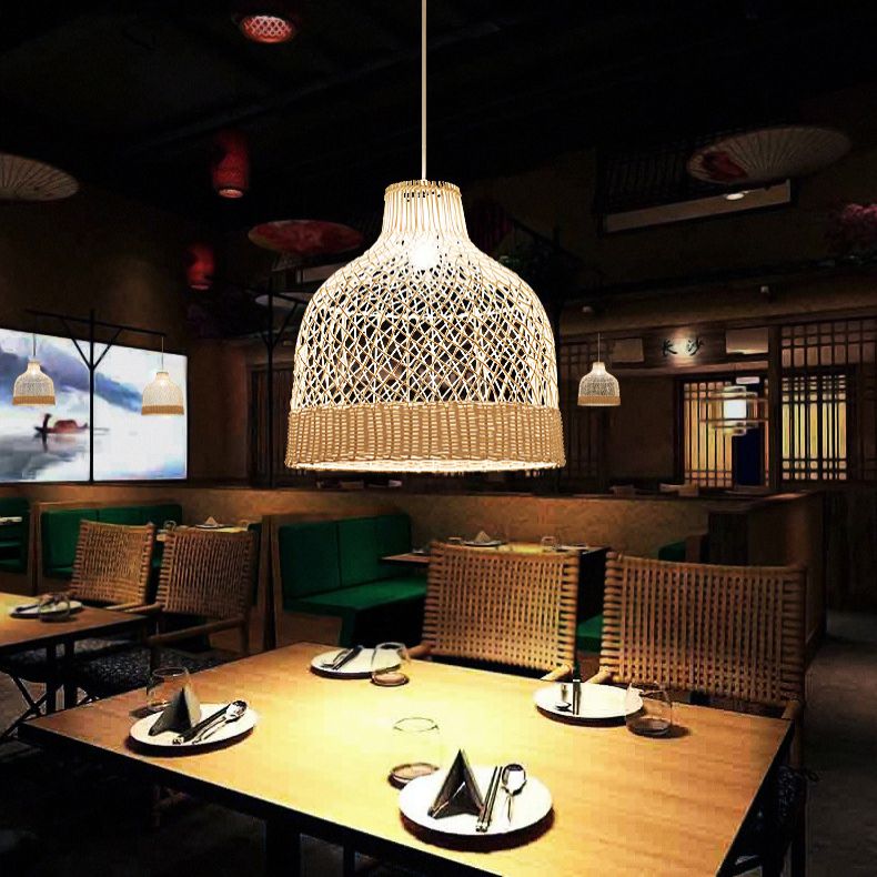 Handwoven Dome Pendant Light Fixture Chinese Rattan Fiber Single Bulb Ceiling Light for Dining Table