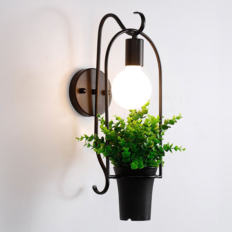 Black-Green Faux Bonsai Wall Lamp Nordic Metal 1-Light Bedroom Sconce Light Fixture