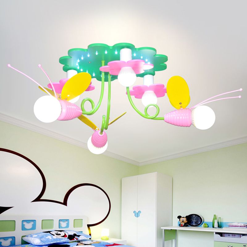 Bee-Like Wood Semi Flush Light Fixture Cartoon 6 Heads Green and Pink Flush Ceiling Lamp
