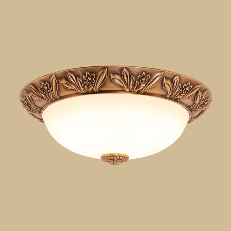 Cream Glass Bronze Flush Mount Light Flower/Leaf/Floral-Trimmed Bowl Traditional LED Ceiling Light Fixture, 12"/16" W