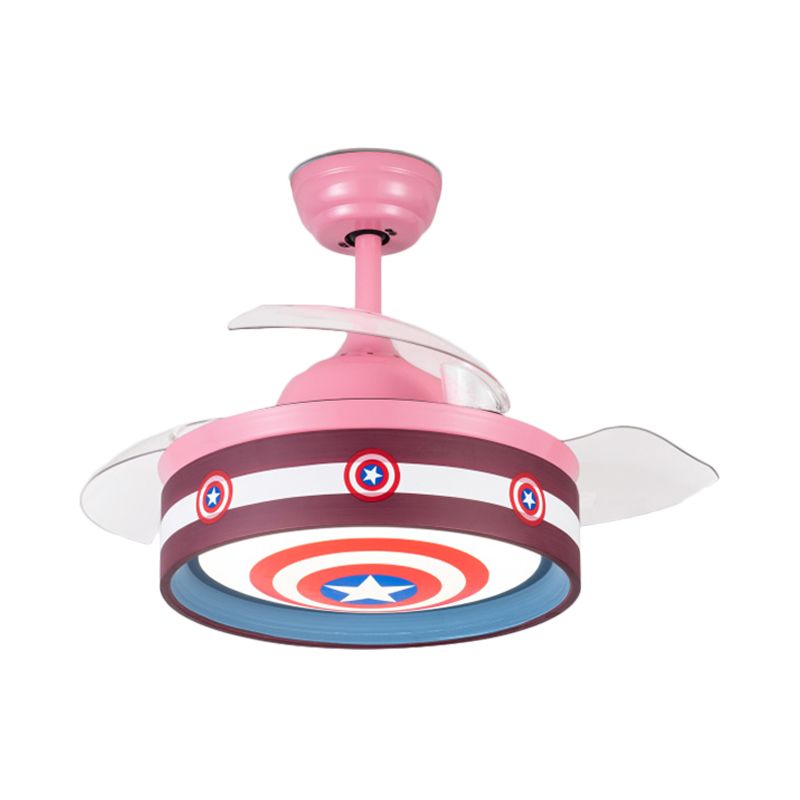 Pink/Blue Round 3 Blades Semi Flush Light Kids LED Metallic Hanging Ceiling Fan Lamp with Hero Shield Pattern, 36" Wide