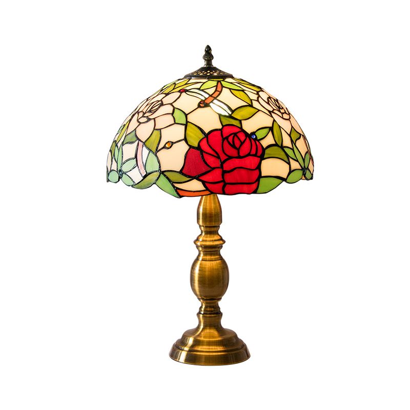 Messing 1 Light Night Lampe Traditionelle grüne Glas Dome Task Lighting mit Rosen- und Libellenfliegermuster