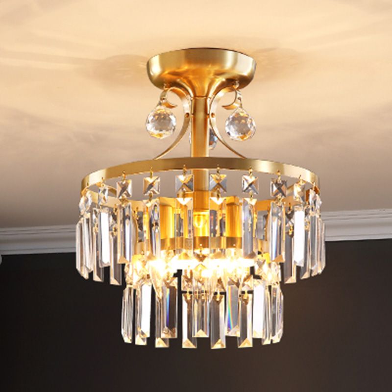 Postmodern a 2 strati tamburi a filo 3 luci prisma cristallino vicino all'illuminazione del soffitto in ottone
