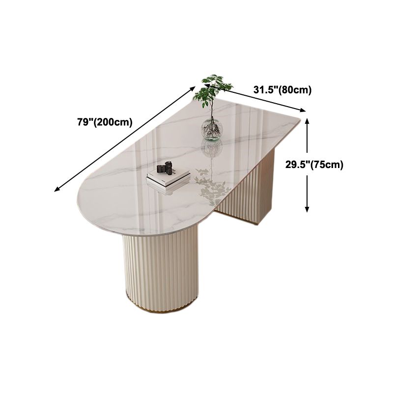 Contemporary Dining Table Stone Dining Table in White with Double Pedestal