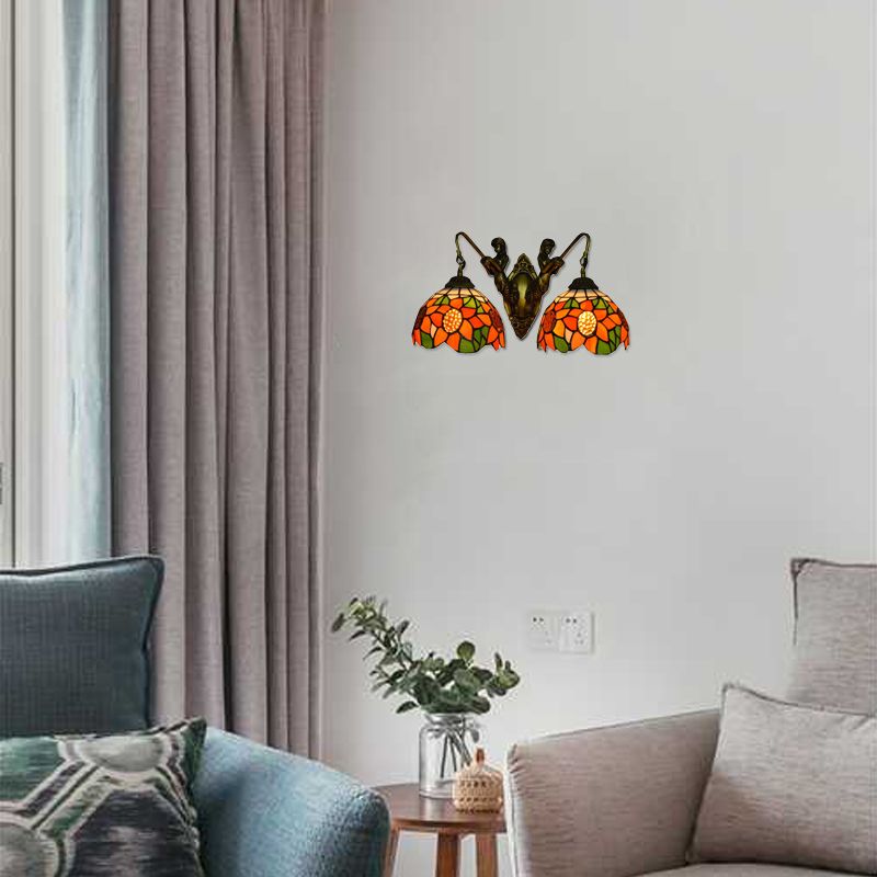 Flower Wall Light Fixture Tiffany Orange-Green/Orange-Yellow Glass 2 Heads Antique Brass Sconce Light