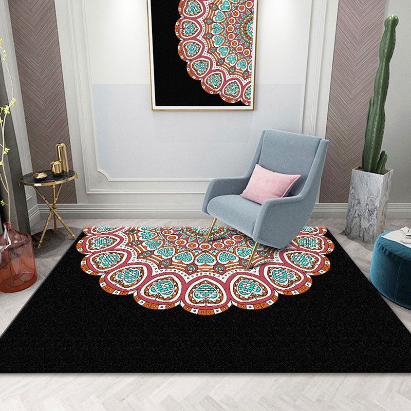 Black Morocco Area Rug Antique Pattern Polyester Area Carpet Stain Resistant Rug for Home Decor