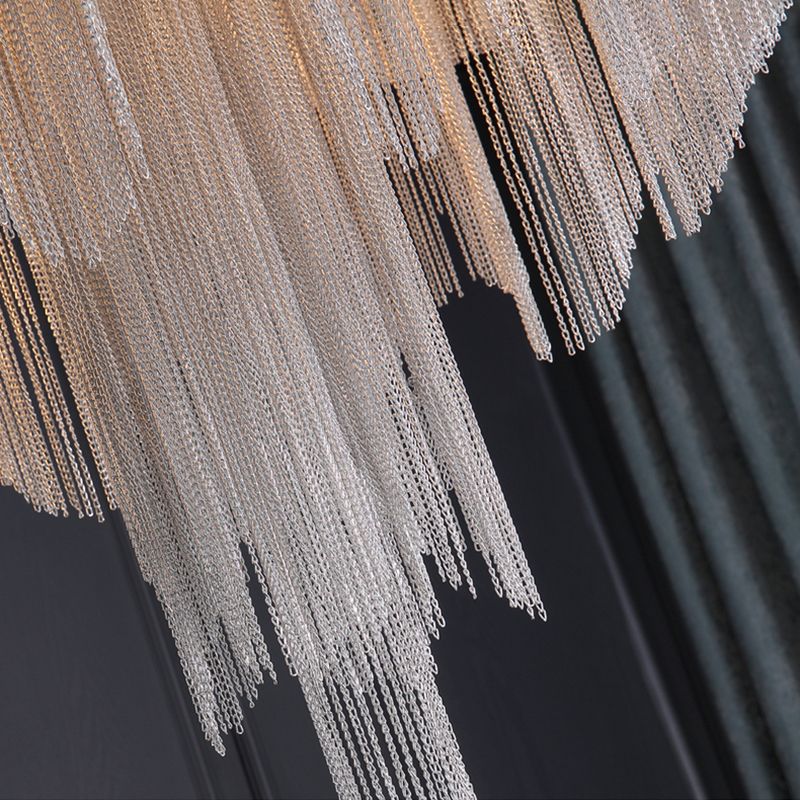 Silver Geometric LED Hanging Lamp Modern Style Tassel Indoor Ceiling Light with Aluminium Chain