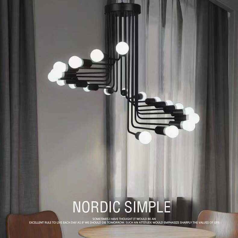 Spirale Stile industriale Lampadario in ferro battuto Light Design Bulb Open Design Retro Hanging in nero