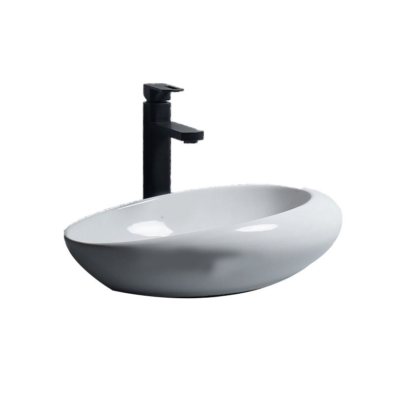 Modern Bathroom Sink Porcelain Oval-Shape Vessel Bathroom Sink with Pop-Up Drain