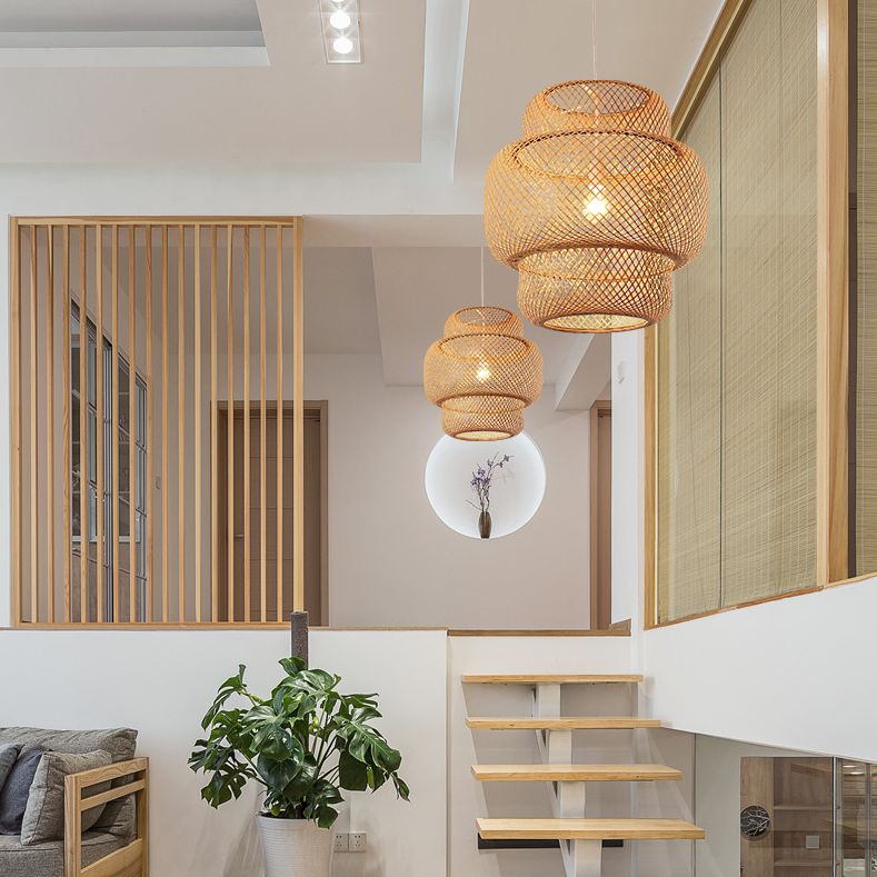 1 Light Tiered Pendant Lighting Japanese Rattan Pendant Lighting Fixtures for Restaurant