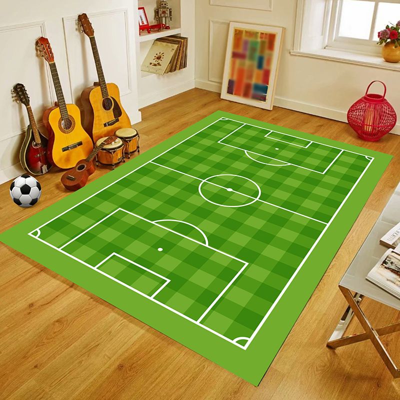 Green Living Room Rug Soccer Field Pattern Polyester Area Carpet Non-Slip Backing Area Rug