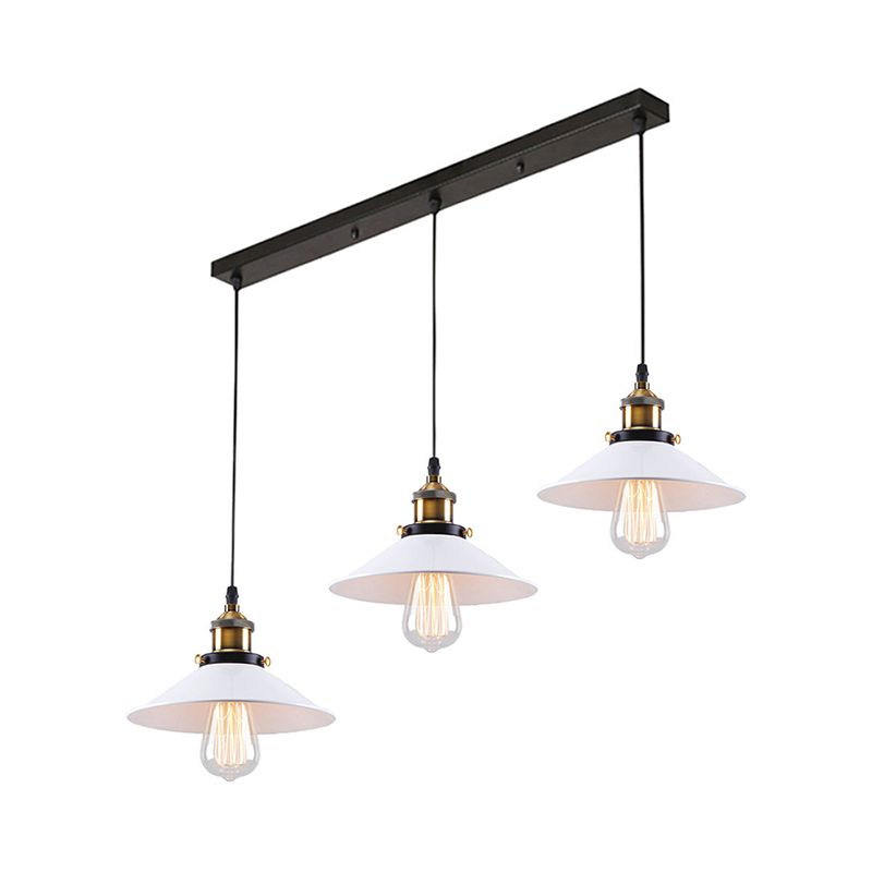 White Conic Ceiling Pendant Industrial Style Metallic 3 Heads Indoor Hanging Light with Linear/Round Canopy