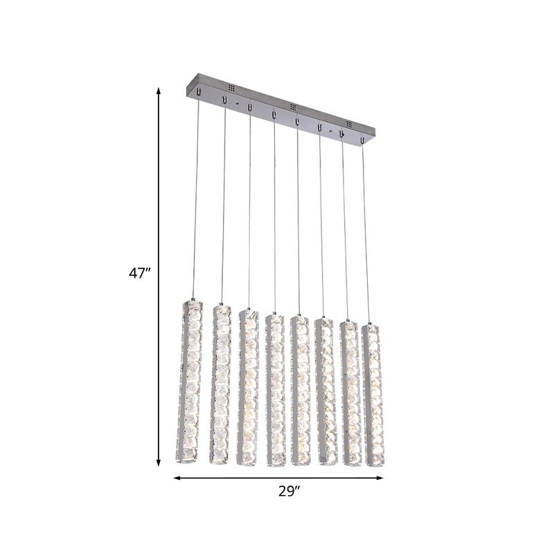 Crystal-Encrusted Rectangle Drop Pendant Minimalism Dining Table LED Multi Hanging Light in Chrome