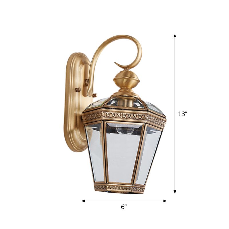 Light con parete con pala conica a 1 luce Vintage Antique Ottone trasparente Lampada a parete in vetro per esterno