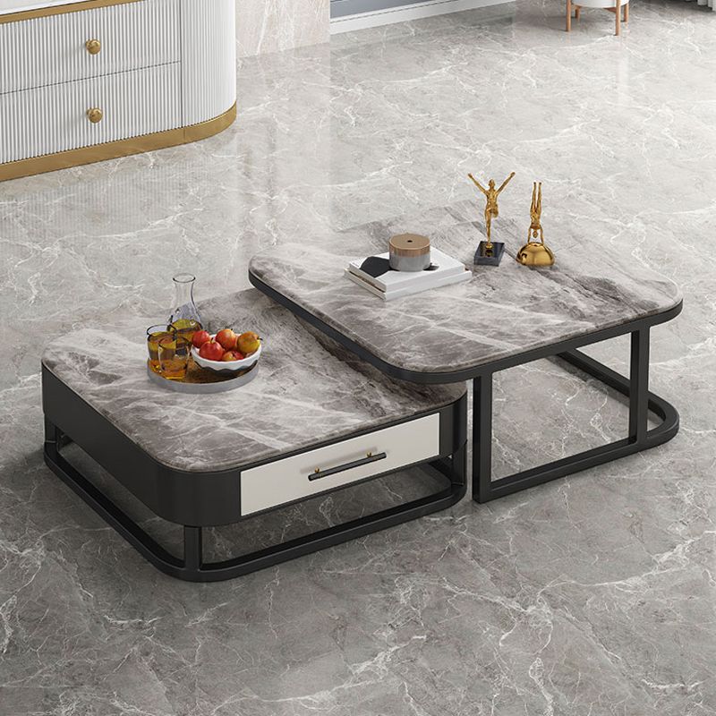 2 Pieces Stone Coffee Table Square Frame Cocktail Table Set with Storage