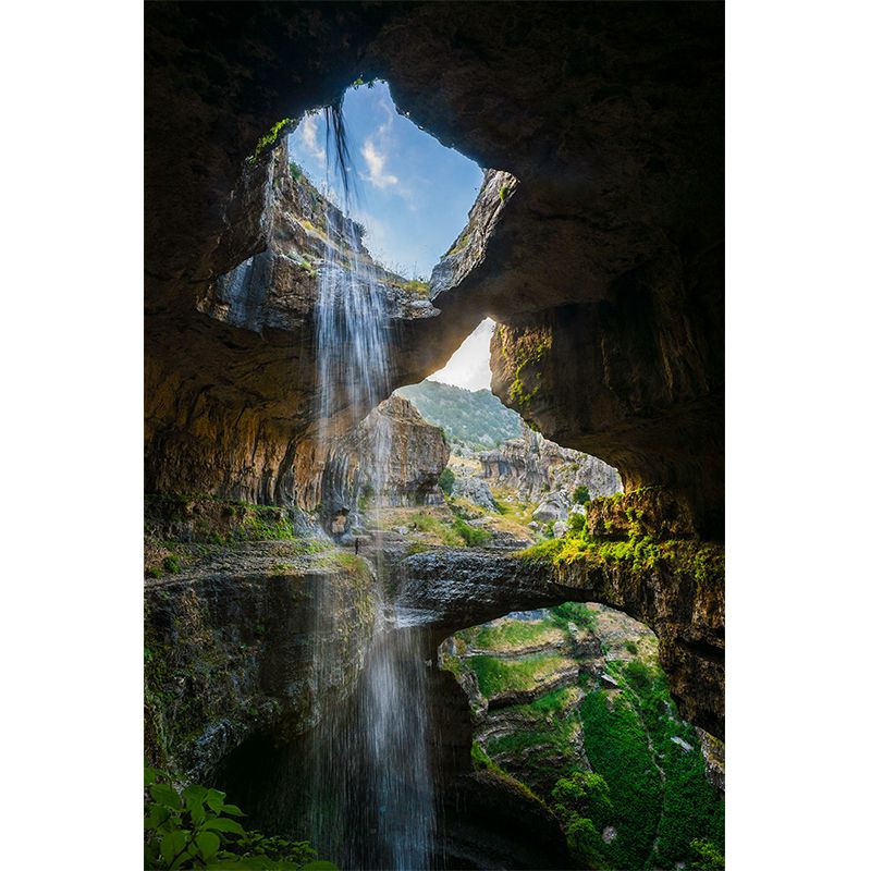 Modern Interior View Mural Green Cave with Cascade Landscape Wall Decor, Made to Measure