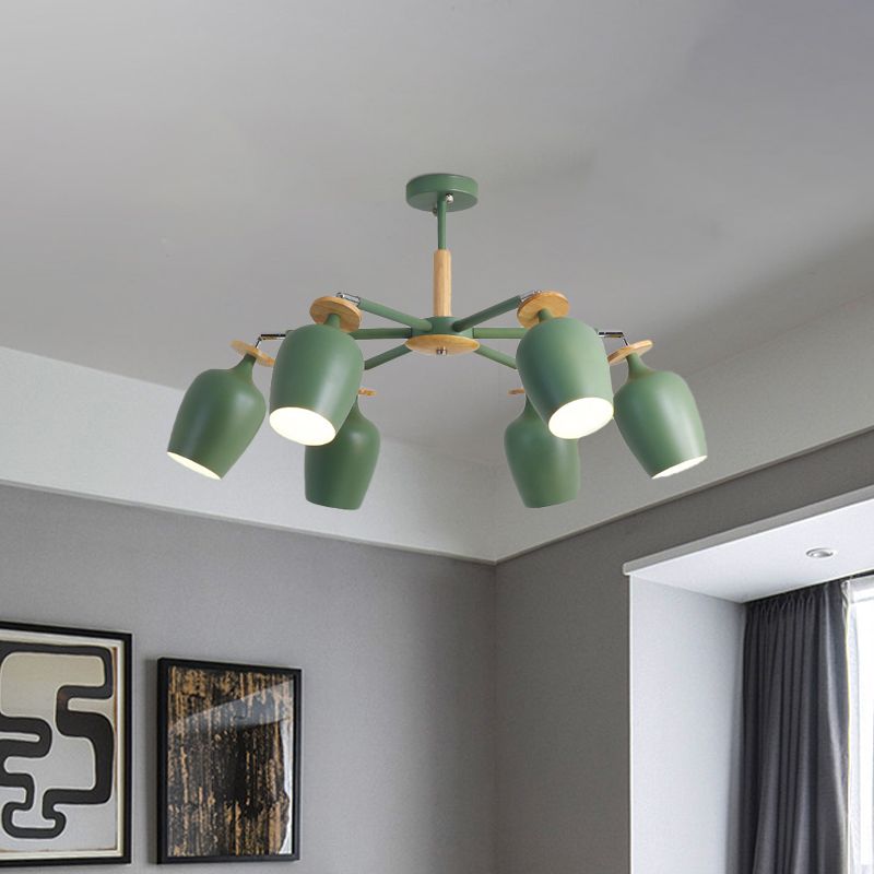 Green Tulip Semi Flush Light Fixture Contemporary 6/8 Bulbs Iron Flushmount Lighting with Wood Detail