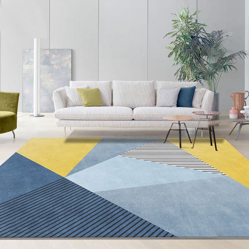 Simplicity Colorblock Rug with Striped Pattern Blue and Yellow Polyester Rug Washable Pet Friendly Non-Slip Area Rug for Living Room